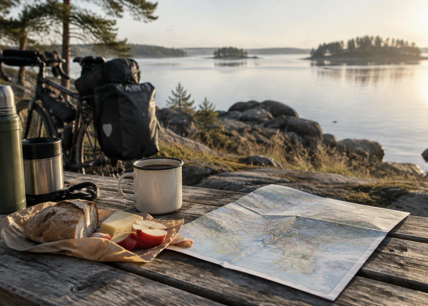 Petit-déjeuner et carte du voyage au bord de l’eau
