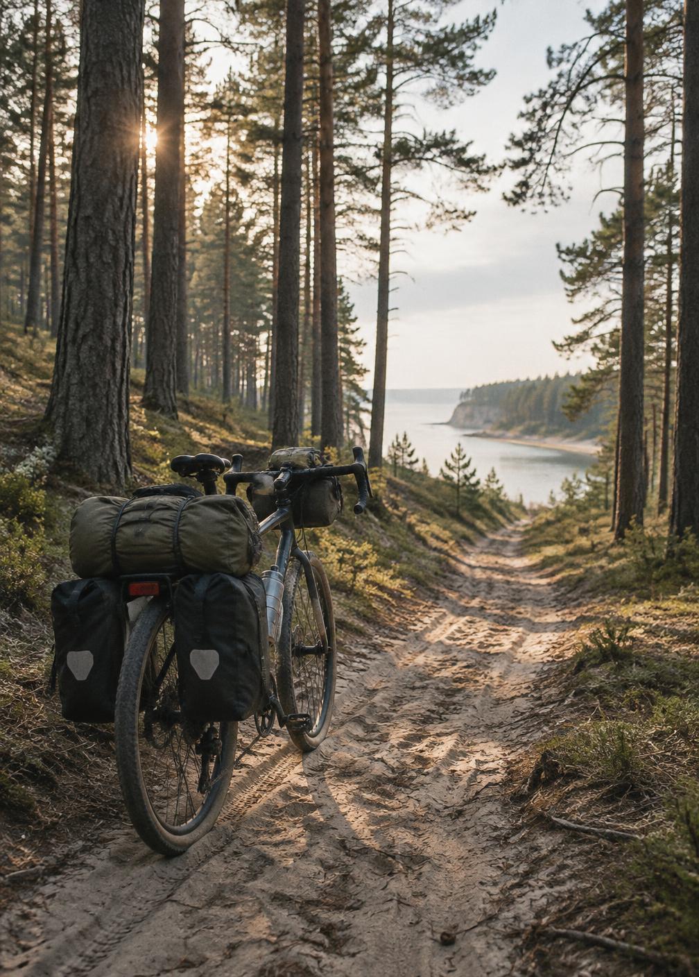 Vélo chargé sur un chemin de pins